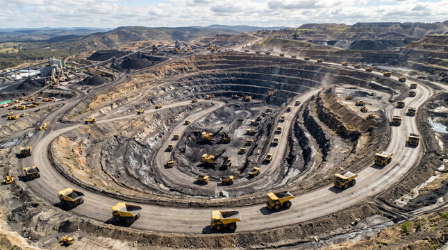 Aerial view of pit mine coal mining, dumpers, quarrying extractive industry stripping work. Big Yellow Mining Trucks. View from drone at opencast mining with lots of machinery trucks.
