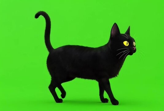 A beautiful sleek black domestic cat with piercing bright yellow eyes sits calmly and confidently gazing directly ahead