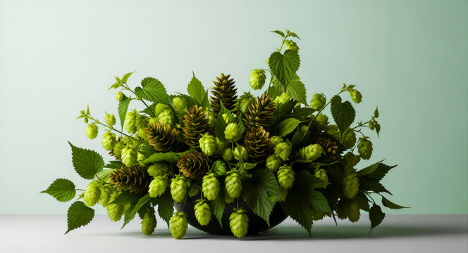 Fresh green hops and pine cones arranged in a lush botanical bouquet. Vibrant foliage and cones displayed against a minimalist background. Craft beer and harvest concept for brewery marketing.