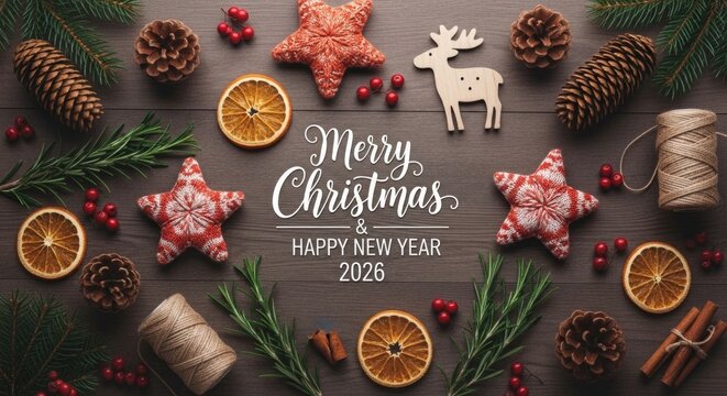 Festive Christmas flatlay with pine branches dried oranges cinnamon and a handwritten greeting