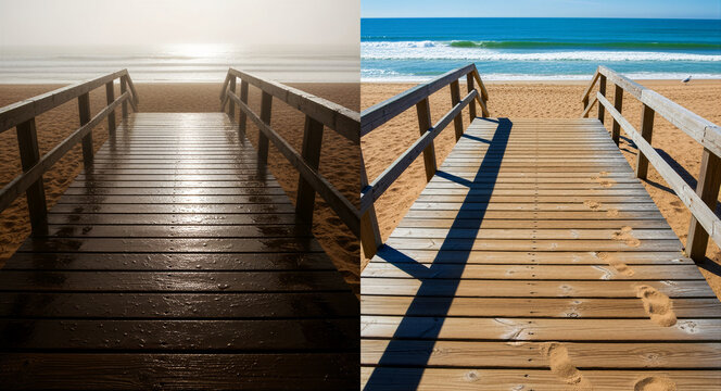 Wooden beach boardwalk in a split-screen lighting comparison. Left side features misty sunrise while right shows clear sunny skies. Weather transition concept for travel and photography marketing.