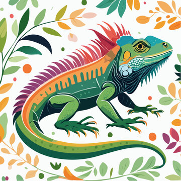 Vibrant Iguana Illustration with Tropical Leaves