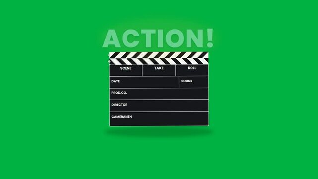 Film clapperboard clapping then action text appears on green screen for chroma key movie intro