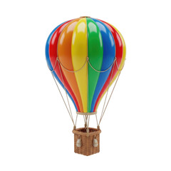 Fototapeta premium A colorful rainbow striped hot air balloon with a wicker basket isolated on a white background.