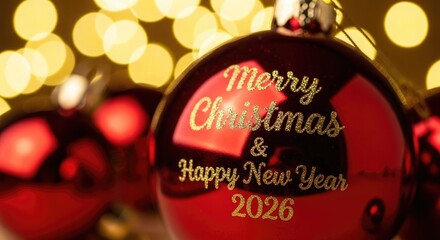 Naklejka premium Red christmas ornament with golden lettering reading merry christmas and happy new year 2026