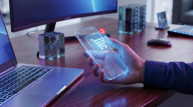 Digital shopping experience engaging e-commerce interaction home office image modern environment close-up view technology advancement