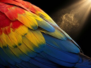 Obraz premium Colorful macaw parrot feathers illuminated by sunbeam in dark