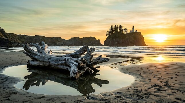 Large driftwood log on a wet sandy beach at sunset with a rocky island and lighthouse in the distance by the ocean sea