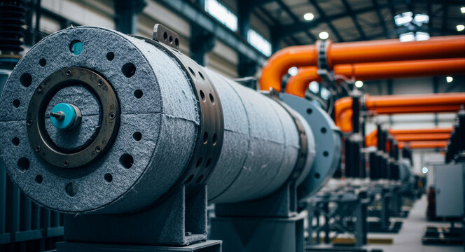 Industrial machinery and large insulated piping in a power plant facility. Detailed view of high-voltage electrical equipment. Power generation concept for engineering and utility marketing.