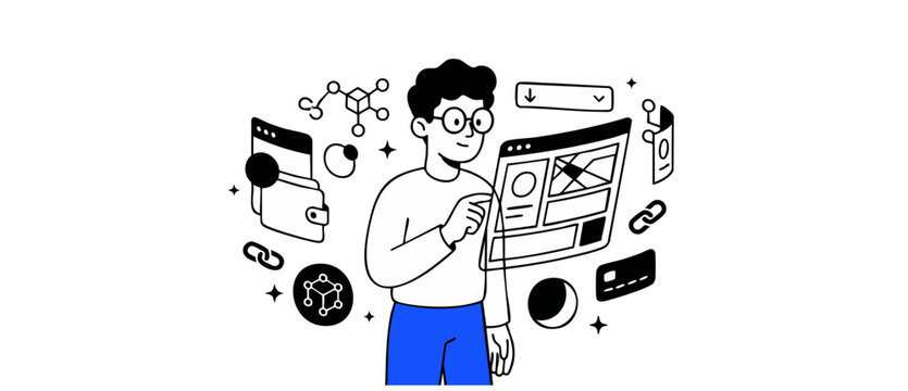 Web developer designing digital interface, software engineer managing blockchain wallet and cryptocurrency dashboard, line art vector illustration of young programmer working on creative technology.