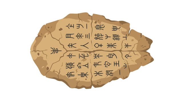 Ancient Chinese Oracle Bone Script Carved on Turtle Shell Fragment, Historical Writing System