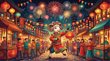 Naklejka premium Anthropomorphic goat wearing traditional chinese clothing celebrates the lunar new year with bright colorful fireworks display