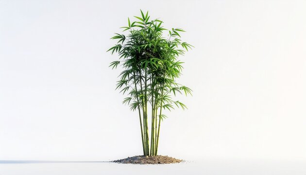 A serene bamboo plant grows on a mound of soil in a clean room.
