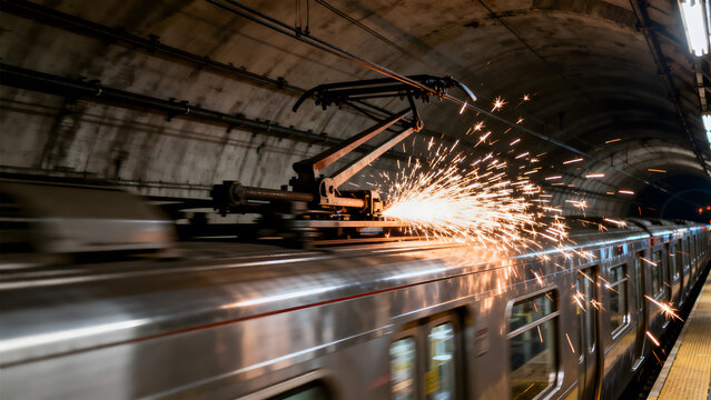pantograph. Train's pantograph sliding against wires in dark tunnel with motion blur and sparks. mobility guides, transit brochures, designed for transport & logistics marketing.