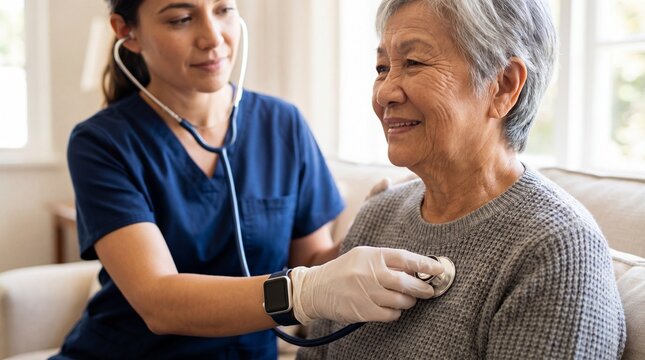 Healthcare professional providing compassionate care to senior patient at home medical consultation cozy indoor setting personal viewpoint wellness concept
