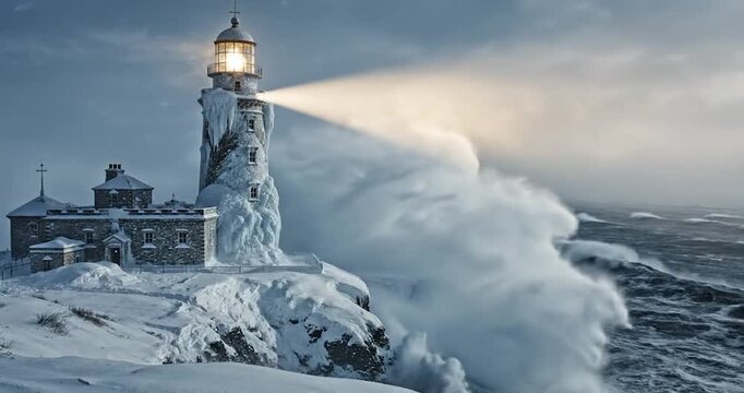 Frozen Lighthouse Illuminated During a Severe Winter Ocean Storm