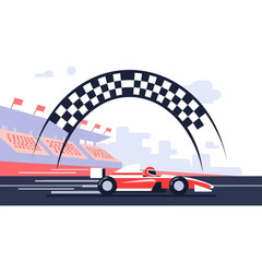 Obraz premium Race Car Crossing Finish Line: Racing Victory Vector Illustration