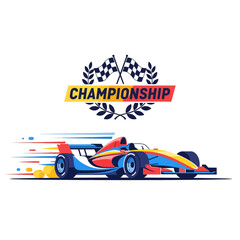 Obraz premium Race car logo with championship elements, speed concept, and flags.
