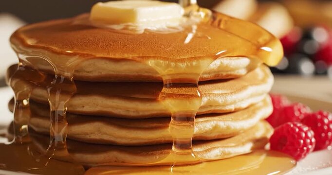Golden maple syrup pouring over a stack of hot fluffy pancakes with butter