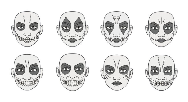 Collection of Stylized Faces with Horror-Themed Makeup and Tattoos