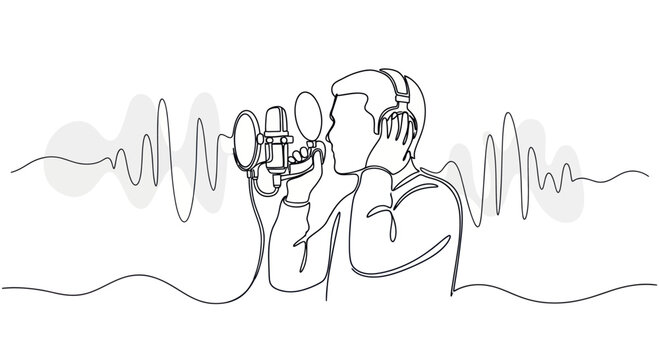 Man with headphones recording voice with microphone and sound waves, minimalist line art.