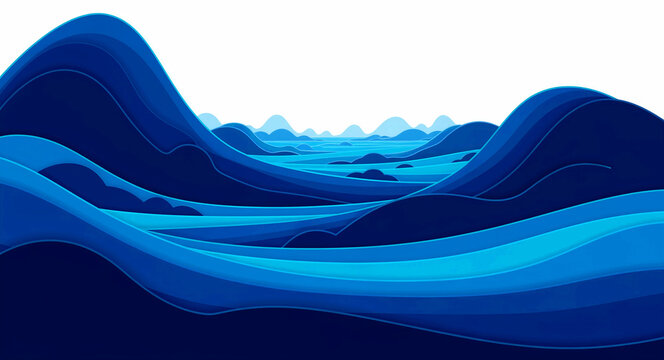Abstract blue landscape with layered hills in a papercut style. Vibrant shades create depth in this panoramic vector illustration. Modern nature background ideal for corporate branding and headers.