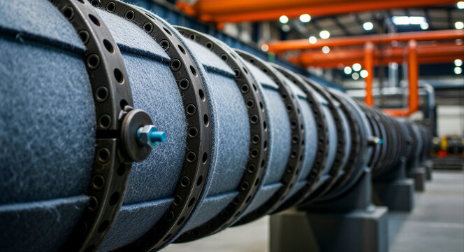 Large industrial pipe wrapped in blue insulation inside a factory. Close-up of metal collars securing machinery components. Engineering concept for industrial maintenance and manufacturing.