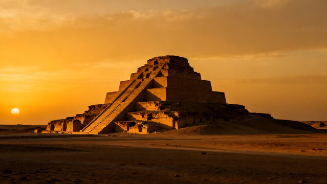 ziggurat. Majestic stepped ziggurat ruins at twilight against golden desert sky. real-estate listings, architecture portfolios, designed for real-estate listing and luxury residence showcases.