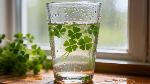 woodruff. A clear glass with fresh green woodruff leaves floating inside, condensation on the glass. bar promotions, beverage menus, designed for food & beverage menus and cafe branding.
