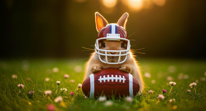Adorable bunny rabbit wearing a miniature football helmet sitting behind a ball. Small pet in a grassy meadow with sunset lighting. Sports humor and Easter holiday concept for marketing.