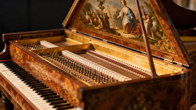harpsichord. Open Baroque harpsichord revealing two rows of keys and internal paintings. event programs, museum guides, designed for cultural heritage projects and event programs.