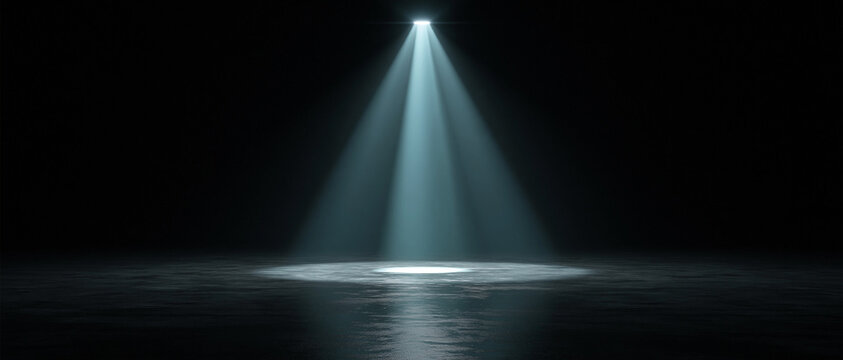 Illuminating spotlight on dark water surface dramatic lighting cinematic theme studio environment overhead view