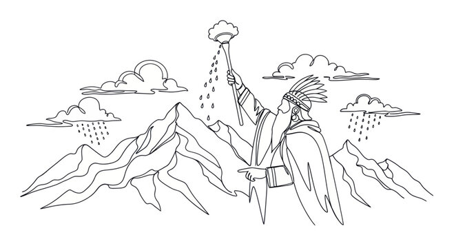 Indigenous Shaman Invoking Rain Over Mountains, Spiritual Ritual