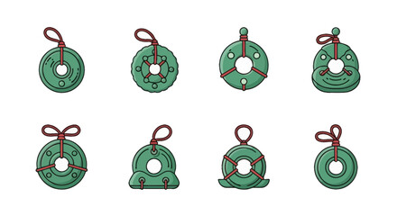 Set of Chinese Feng Shui Coins Icons, Green Jade, Good Luck Charms © Noemi