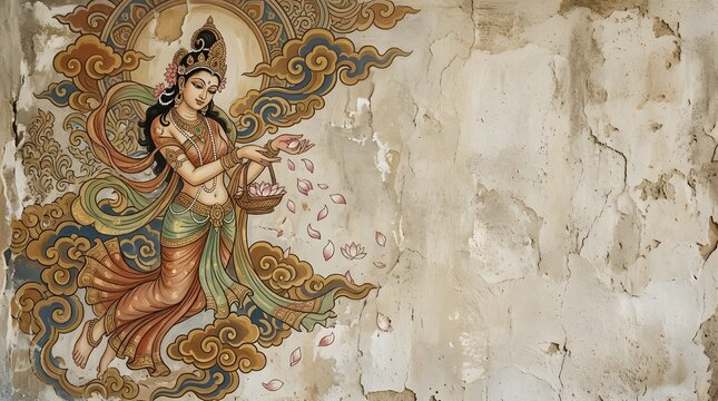 Ancient mural painting of divine celestial apsara maiden copy space