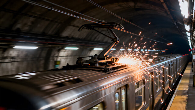 pantograph. Train's pantograph sliding against wires in dark tunnel with motion blur and sparks. mobility guides, transit brochures, designed for transport & logistics marketing.