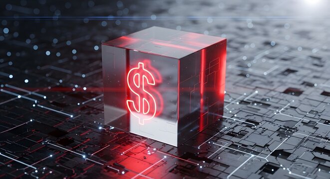 Glowing red dollar sign inside a glass cube on a futuristic circuit board