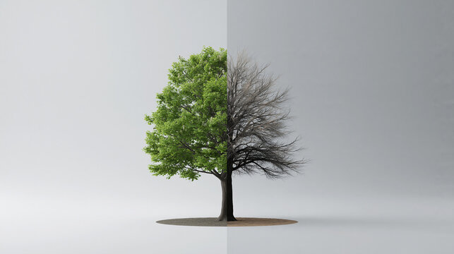 Nature transformation a tree's seasonal change digital art minimalist style split view conceptual contrast