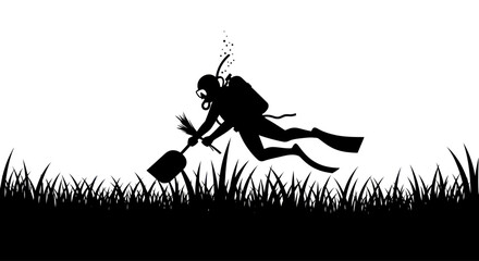 Scuba diver silhouette cleaning underwater grass with broom and shovel © nadiyamilana