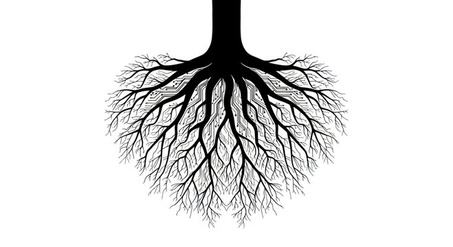 Black Tree Roots Silhouette Isolated on White Background