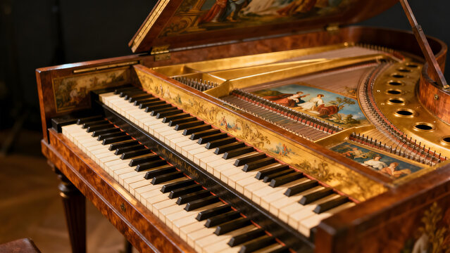 harpsichord. Open Baroque harpsichord revealing two rows of keys and internal paintings. event programs, museum guides, designed for cultural heritage projects and event programs.