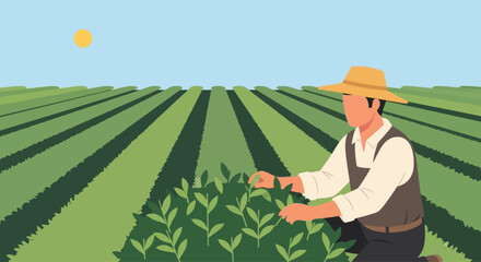 Fototapeta premium Farmer harvesting tea leaves in a lush green plantation under a bright sun, flat design style