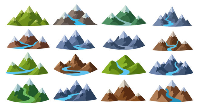 Set of stylized cartoon mountain landscapes with rivers and snow peaks, flat vector graphics