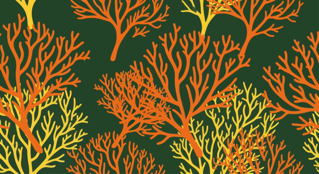 Decorative branching coral pattern, organic shapes, vibrant orange and yellow against dark green background, seamless vector graphic