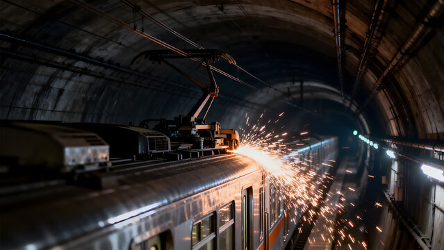 pantograph. Train's pantograph sliding against wires in dark tunnel with motion blur and sparks. mobility guides, transit brochures, designed for transport & logistics marketing.