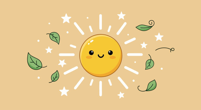 Cute cartoon sun with smiling face and leaves, surrounded by stars on a light brown background, graphic element.