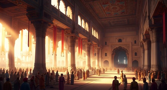 Grand royal palace hall with intricate architecture and many people