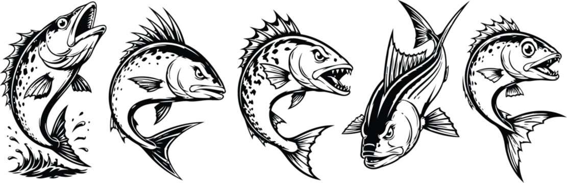 Set of aggressive jumping fish illustrations