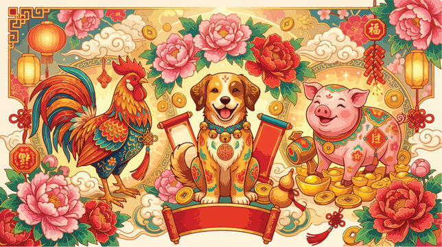 Festive lunar new year illustration featuring a cheerful dog rooster and pig with traditional floral decorations