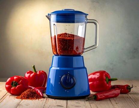 A blue blender with red peppers on a wooden table